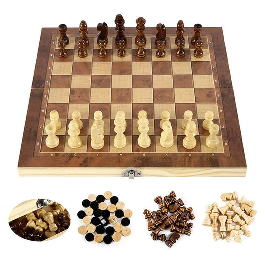 3 in 1 Chess Board, Folding Wooden Portable Chess Game Board, Wooden Chess Board for Adults(Chess + Checkers and Backgammon)